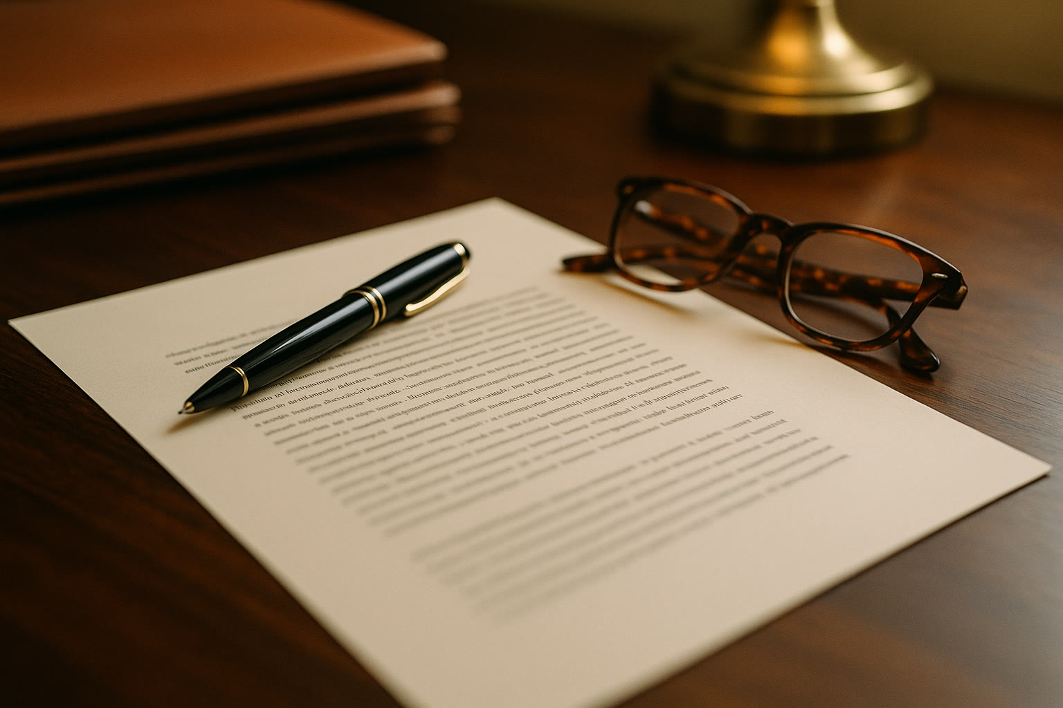 Detalle de contrato legal sobre escritorio con pluma fuente y lentes — elaboración y revisión de contratos en Legis Compliance