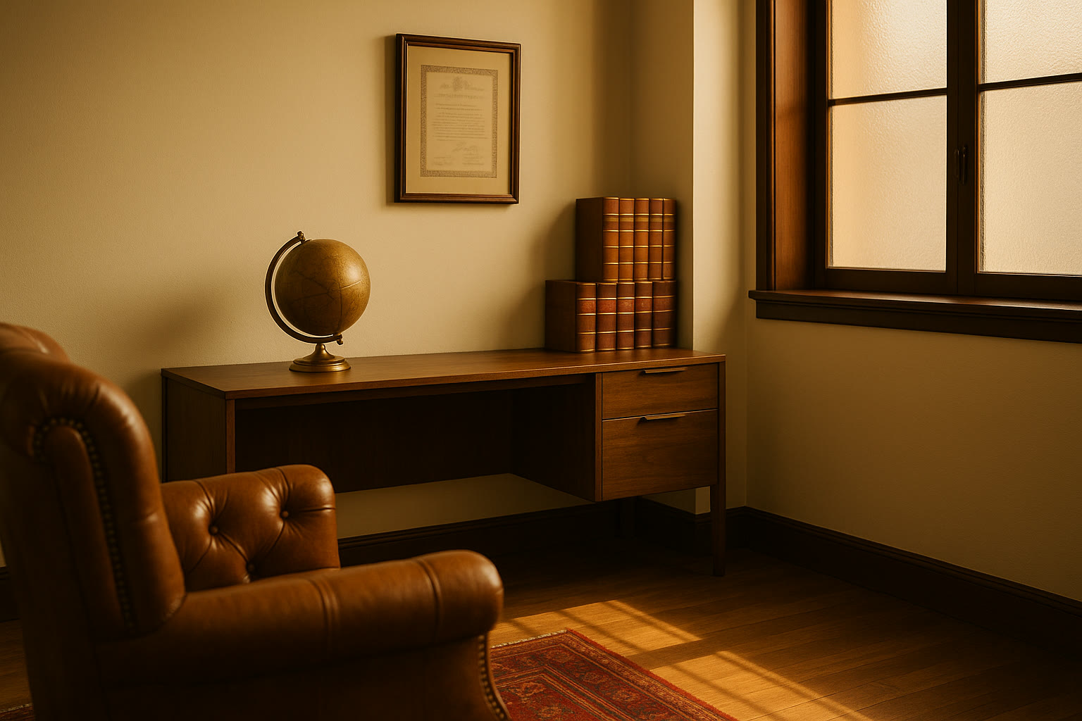 Oficina privada de Legis Compliance con biblioteca jurídica, globo de bronce y sillón de cuero cognac